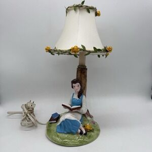 Schmid Disney Beauty & the Beast Ceramic Lamp Belle Reading Book Under Tree 90s